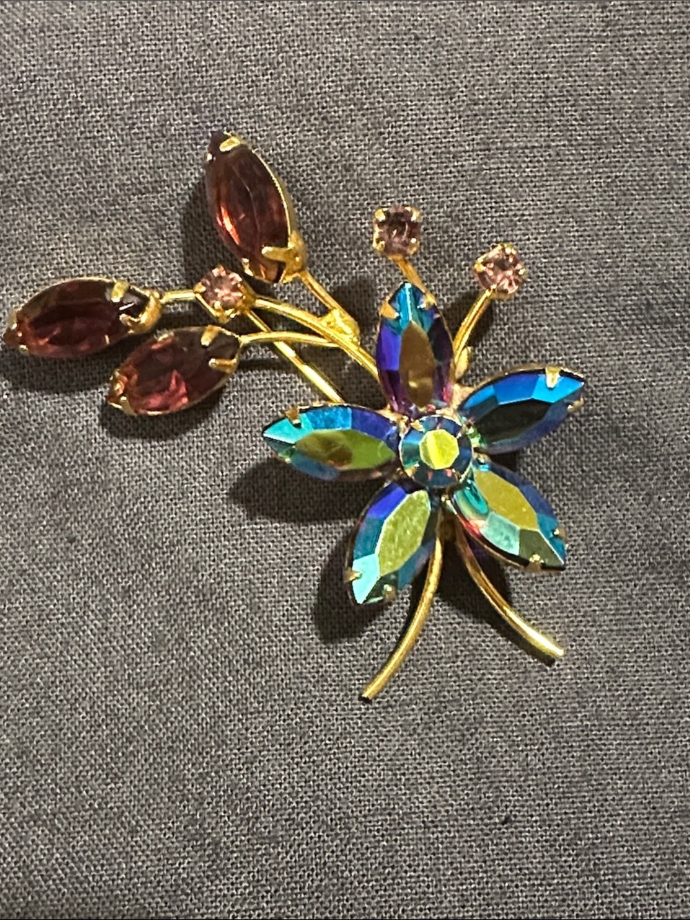 Gold tone Flower Brooch with Iridescent Blue-Green Petals and Pink Accents
